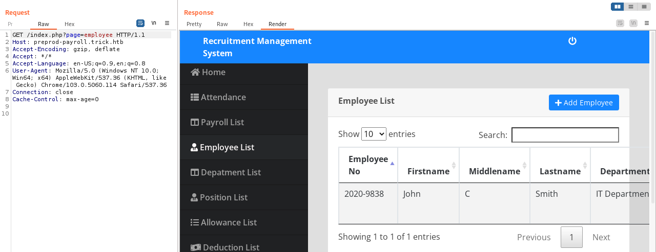 employee page rendered through burp